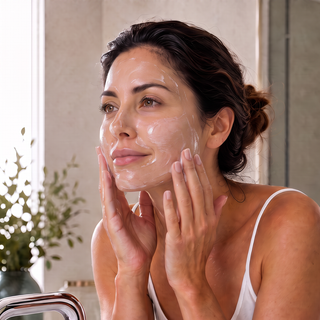 A woman with dark hair tied back in a bun applies a clear gel or cream cosmetic product to her face with both hands in a bright bathroom setting.