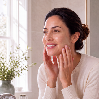 A woman with dark hair in a bun smiles while touching her face, wearing a cream-colored knit sweater in a bright, modern bathroom setting.